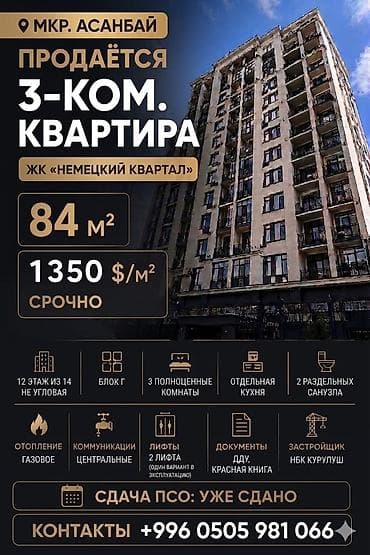 Недвижимость: 3 комнаты, 84 м², Элитка, 12 этаж, Готовая ПСО (под самоотделку) — 1