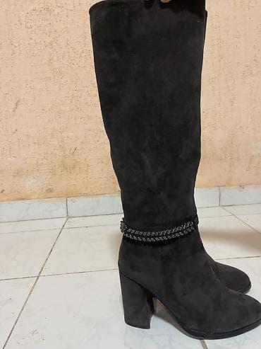 Сапоги: Замшевые женские сапоги до колена, цвет черный. - Материал верха — 2