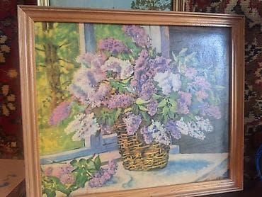Картина «Сирень» торшонированная в богемной раме. СССР. Репродукция