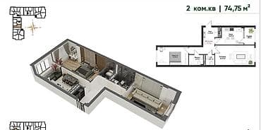 мадина резиденс: 2 комнаты, 74 м², Элитка, 3 этаж, Готовая ПСО (под самоотделку) — 1