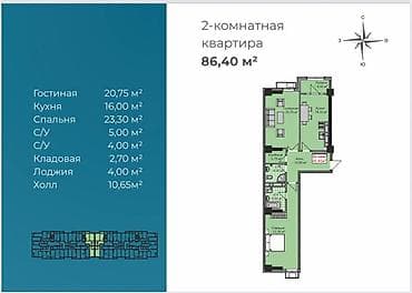 2х комнатная квартира токмок: 2 комнаты, 86 м², Элитка, 5 этаж, Готовая ПСО (под самоотделку) — 2