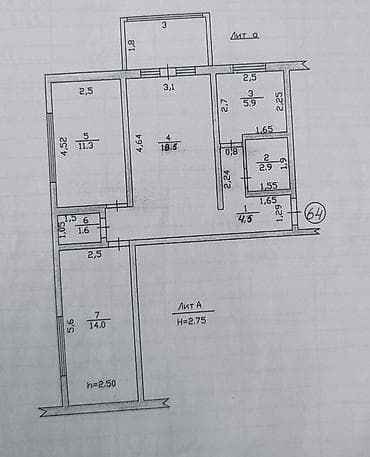 104: 3 комнаты, 58 м², 104 серия, 4 этаж — 4