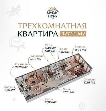 3 комнаты, 127 м², Орто-Сай с. Элитка, 3 этаж, ПСО (под самоотделку) — 3