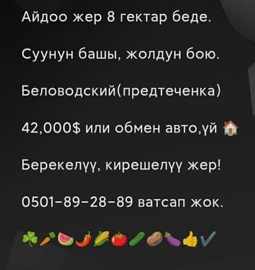 продается орошаемая земля в жайылско районе алтыр будёновка 5 40 гектар цена договорная с довой проблем нету оформление сразу: 800000000 соток, Для сельского хозяйства, Договор купли-продажи — 4