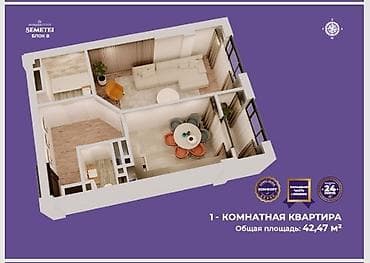 Недвижимость: 1 комната, 43 м², Пишпек Элитка, 10 этаж, ПСО (под самоотделку) — 3
