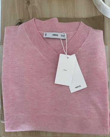 теплые мужские кофты: Джемпер МАНГО, шерсть, с V-образным вырезом, нежно-розовый. Размер XS — 6