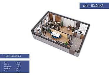 южный квартал: 1 комната, 53 м², 11 этаж, Готовая ПСО (под самоотделку) — 2