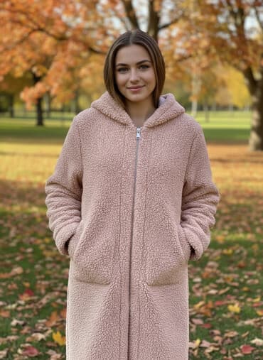 теплый и удобный: Тёплое женское пальто-худи из мягкого «тедди» (овчина/букле) цвета — 1