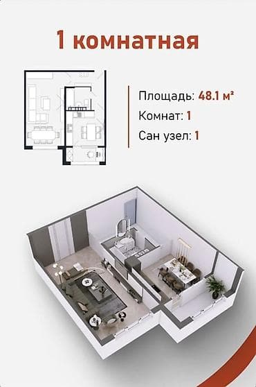 Квартиры: 1 комната, 48 м², 108 серия, 7 этаж, Готовая ПСО (под самоотделку) — 3