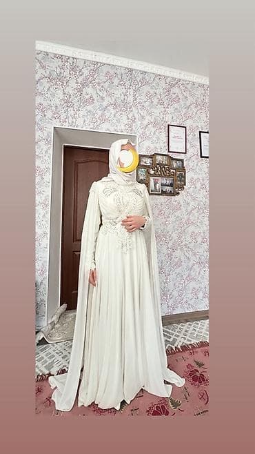 Свадебное платье, M, Мусульманское, Шифон, А-силуэт, Турция, Жемчуг, Б/у