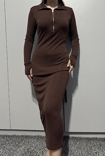 джинсы zara: Платье миди шоколадного цвета с длинным рукавом и молнией - Фасон — 3