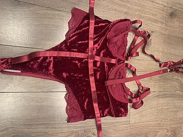 lining flex: Бордовый бархатный боди-комплект с подвязками - Материал: мягкий — 3
