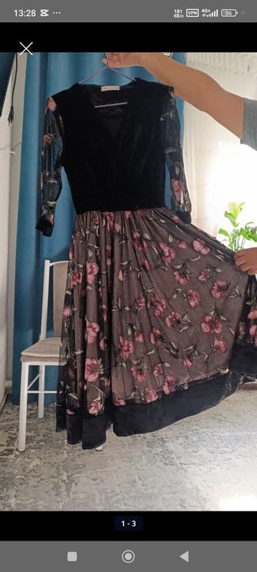 шифоновые платья в пол с цветочным принтом: Вечернее платье, Коктейльное, Велюр, С рукавами — 3