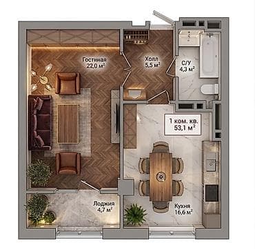 104 1 комнат: 1 комната, 53 м², Элитка, 3 этаж, Готовая ПСО (под самоотделку) — 1