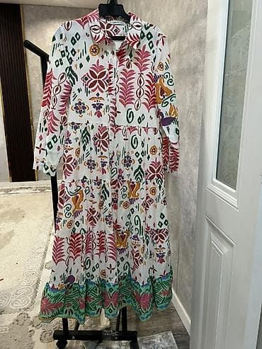 кыргыз платья: Яркое женское платье-рубашка с принтом - Длина: миди - Крой — 1