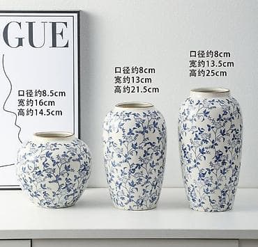 узорами: Керамические вазы с синим цветочным узором (3 размера) - Материал — 1