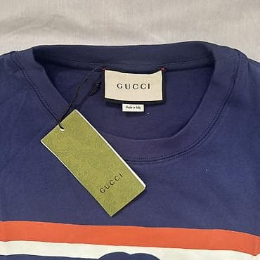 flared jeans: Футболка GUCCI, мужская - Цвет: тёмно-синий. - Принт: горизонтальные — 3