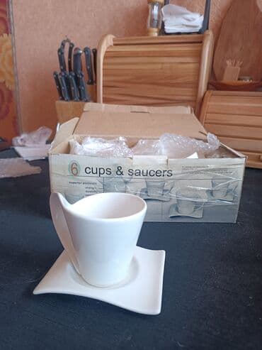 цептер набор посуды: Белый чайный набор из 6 чашек с блюдцами оригинальной формы, фарфор — 1