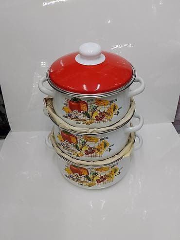 dish sets: Набор эмалированных кастрюль из 3 штук с крышкой. - Материал: сталь с — 2