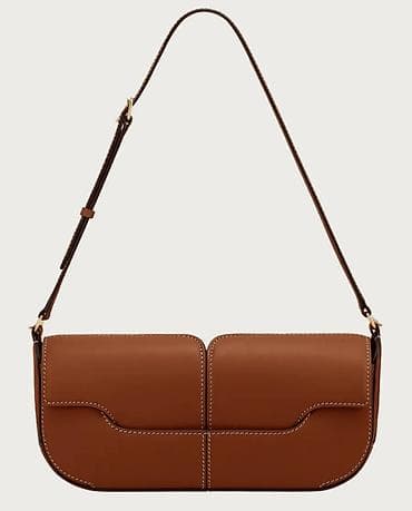 Классические сумки: Сумка на плечо из гладкой коричневой кожи с контрастной отстрочкой — 1