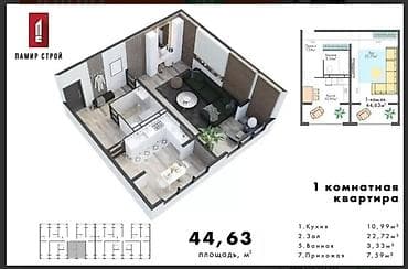 1 комната, 45 м², Технопарк 106 серия улучшенная, 9 этаж, ПСО (под самоотделку) — 2