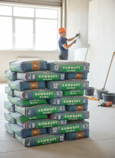 мешках: Штукатурная смесь "Комфорт Плюс" в мешках по 25 кг, предназначенная — 1