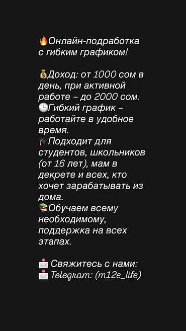 Онлайн-подработка с гибким графиком - Доход: от 1000 сом в день, при