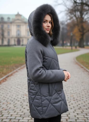 Пальто женское зимние серого цвета с капюшоном,со съёмным натуральным