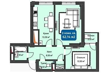 14: 2 комнаты, 62 м², Кок-Жар мкр Элитка, 7 этаж, ПСО (под самоотделку) — 2