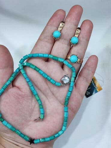 свадебные наборы ручной: Серебряный Комплект+ Бусы Бирюза Серебро с напылением золото Размеры — 2