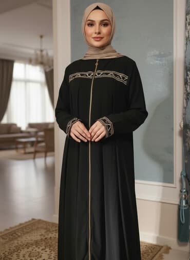 Абая черная с застежкой-молнией по всей длине спереди. Прямой