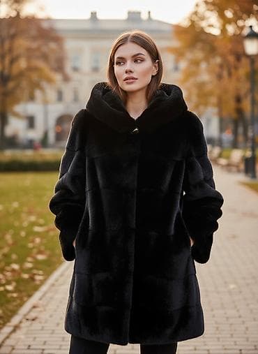 шубы женские норковые: Шуба из тёмного (чёрного) меха с капюшоном. - Крой: прямой силуэт до — 1