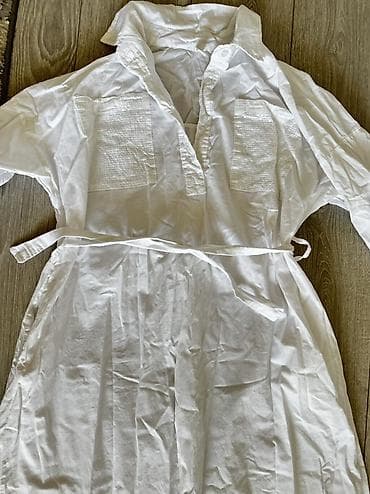 пляжная рубашка: Белое платье-рубашка из легкой хлопковой ткани. - Свободный силуэт — 3