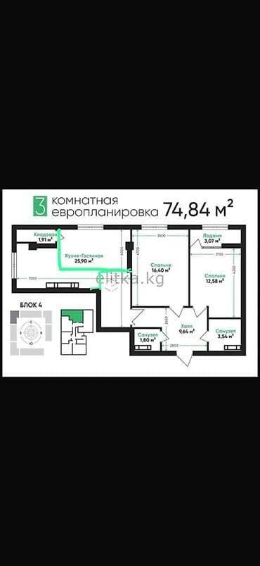 flat osh: 3 комнаты, 75 м², Элитка, 5 этаж, Готовая ПСО (под самоотделку) — 3