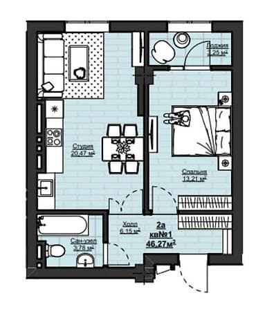 Квартиры: 1 комната, 46 м² — 2