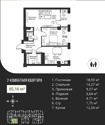 Батирлер: 2 бөлмө, 65 м², Шаардык МАИ Элитка, 14 кабат, ПСО (өз алдынча бүтүрүү) — 2
