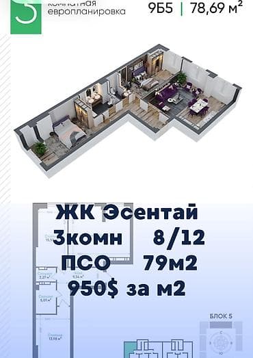 all group: 3 комнаты, 79 м², Элитка, 8 этаж, Готовая ПСО (под самоотделку) — 1