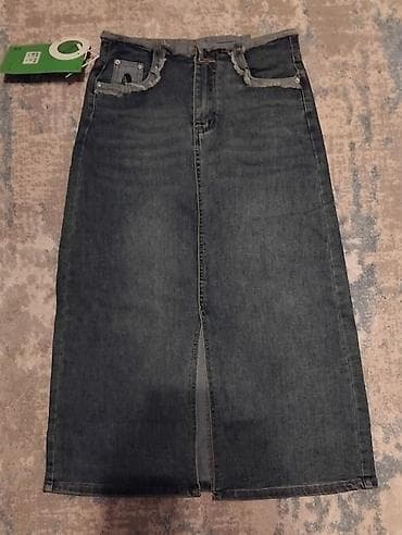 Спортивная одежда: Юбка, Модель юбки: Прямая, Миди, Джинс, По талии, С вырезом — 1