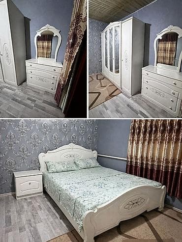 кровать и шкаф: Спальный гарнитур в классическом стиле, цвет – белый с изящной резной — 1