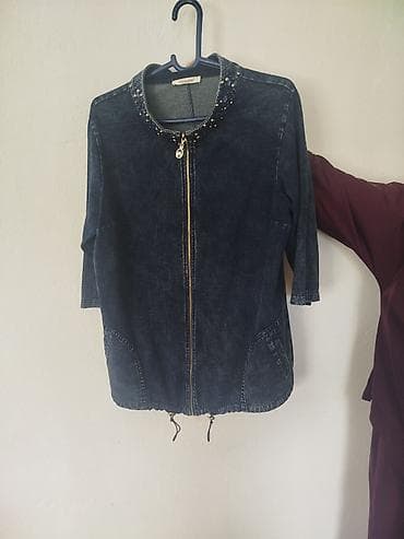 женская обувь 37: Джинсовая куртка, Свободная модель, Со стразами, L, XL — 2