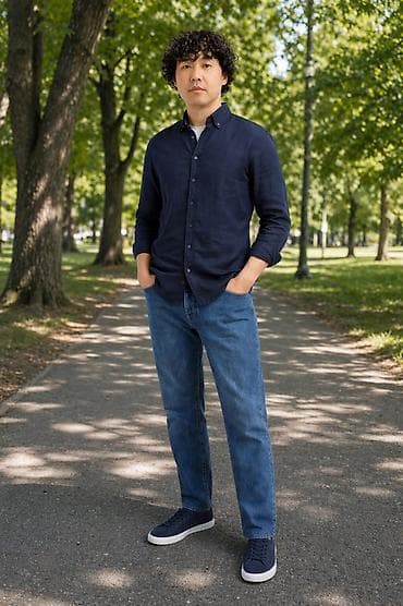 рубашка джинсовая: Мужская рубашка с длинным рукавом из 100% льна тёмно‑синей цвет, под — 3