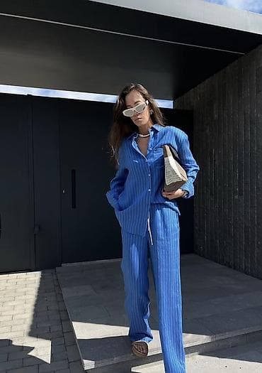ZARA женский комплект в голубом цвете с тонкой вертикальной полоской lalafo.kg да ZARA женский комплект в голубом цвете с тонкой вертикальной полоской