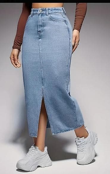 зонт трость: Юбка, Модель юбки: Карандаш, Миди, Джинс, Высокая талия, С вырезом — 1