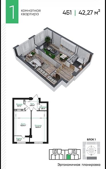продается квартира в балыкчы: 1 комната, 46 м², Индивидуалка, 11 этаж, Готовая ПСО (под самоотделку) — 3