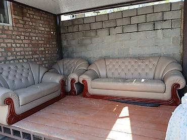 кожа диван: Комплект мягкой мебели, цвет - Бежевый — 1