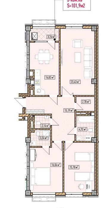 3 комнаты, 101 м², Элитка, 8 этаж, Готовая ПСО (под самоотделку)
