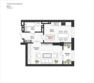 osh flat: 1 комната, 47 м², Южная Магистраль Элитка, 10 этаж, ПСО (под самоотделку) — 2