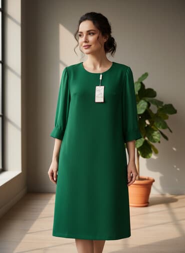Айымдардын кийими: Платье прямого кроя из плотной ткани насыщенного изумрудно‑зеленого — 1