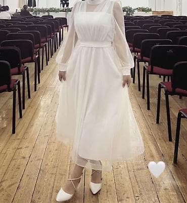 детский аниматор на дом: Элегантное белое платье миди с полупрозрачным верхом и рукавами: - — 1