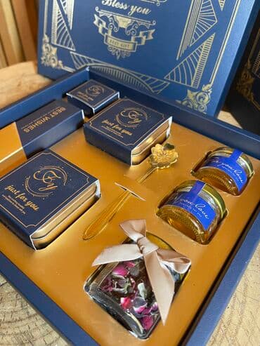 букет из курута: Подарочный набор Синий • Коробка, Сумка • Мёд в баночках - 2 шт • — 3